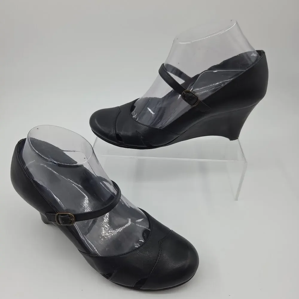 White Mountain Black Leather Mary Jane Wedge Heels 7.5 Cutout Twee Goth Office‎